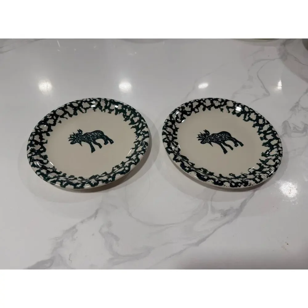 VINTAGE Tienshan Moose Country Salad Plates Set 2 Folk Craft Spongeware 8 Inch
